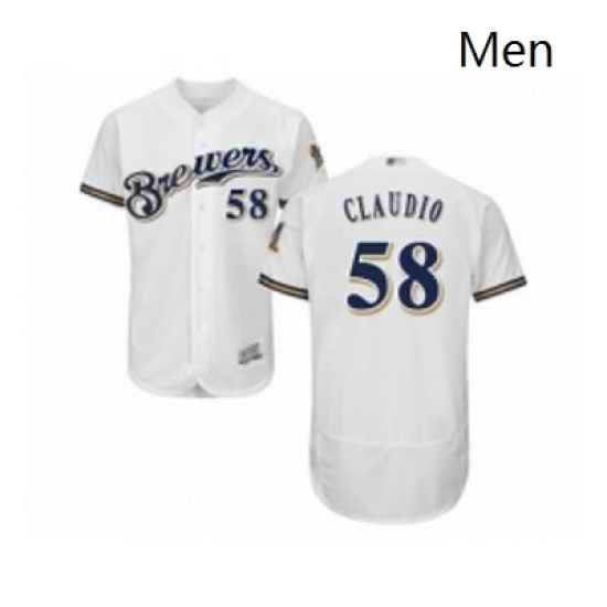 Mens Milwaukee Brewers 58 Alex Claudio White Alternate Flex Base Authentic Collection Baseball Jersey